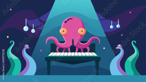 Cinematic Mood A theatrical representation of an octopus performing a piano solo on a small stage illuminated by spotlighting. The octo limbs are depicted in dynamic motion with