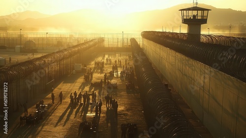 Wallpaper Mural A serene prison yard where inmates gather in small groups, sunlight casting long shadows against high walls Torontodigital.ca