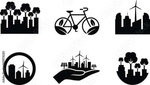 Eco-friendly city and transportation icons eco city