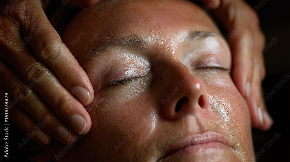 Obraz premium Close up of person receiving gentle facial massage with eyes closed, showing relaxation and calm skin care moment