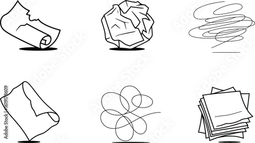 Various crumpled and rolled paper illustrations in black and white