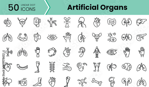 A collection of 50 linear dot icons illustrating various artificial organs and body parts, including hearts, lungs, and limbs, in a modern and minimalistic style.