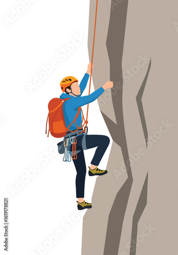 Rock climber ascending a steep cliff with helmet, harness, and rope. Outdoor extreme sport illustration.