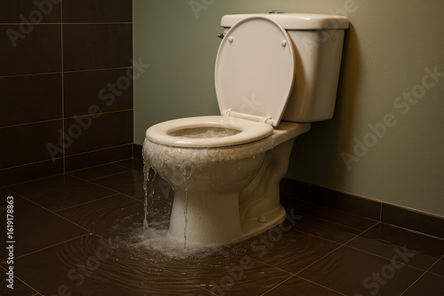 Overflowing toilet with water spilling onto brown tiled bathroom floor, causing indoor flooding and emergency plumbing issue