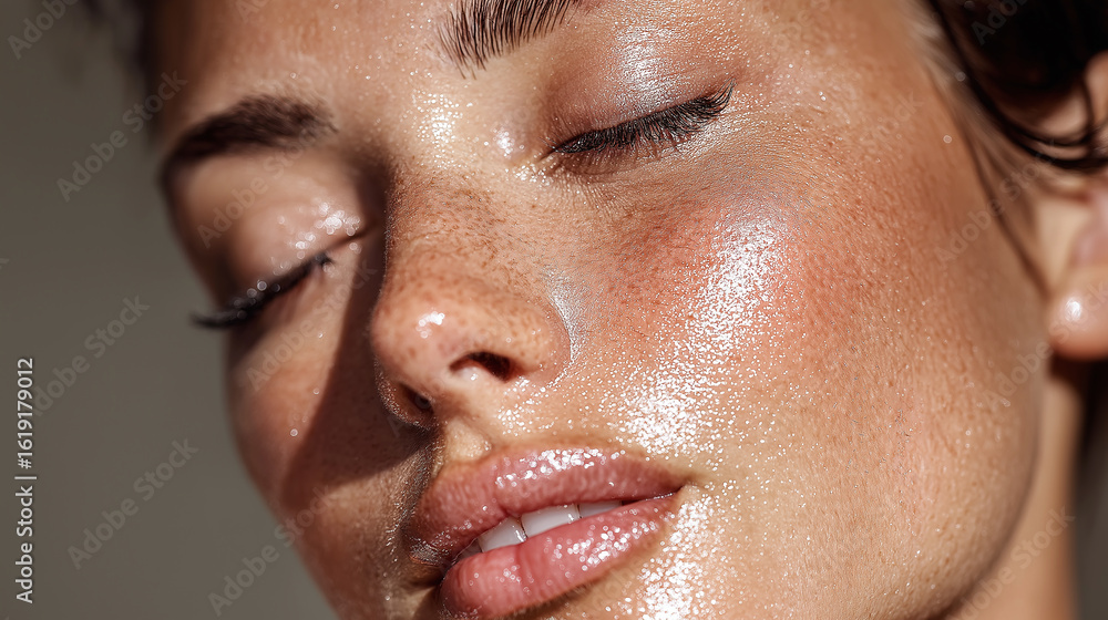 Fototapeta premium Close up of face with glowing skin and freckles, showing smooth poreless texture and natural beauty with closed eyes and relaxed expression