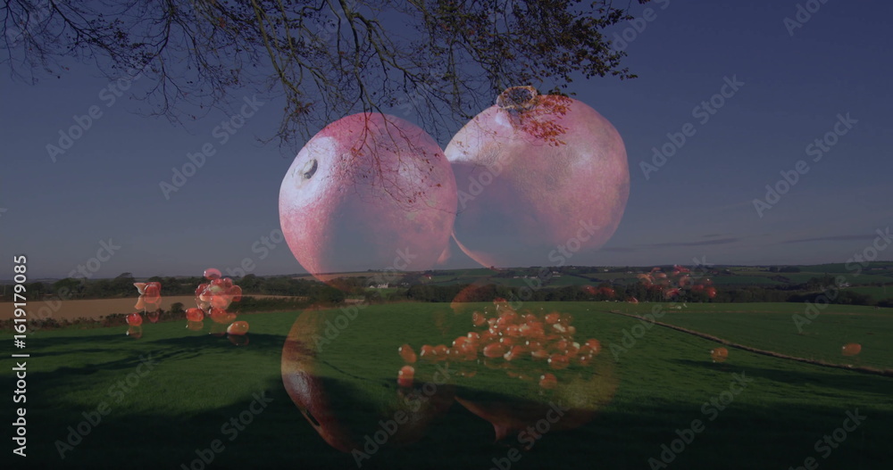 Naklejka premium Hovering two translucent red fruits above pasture under bare branches scattering small berries