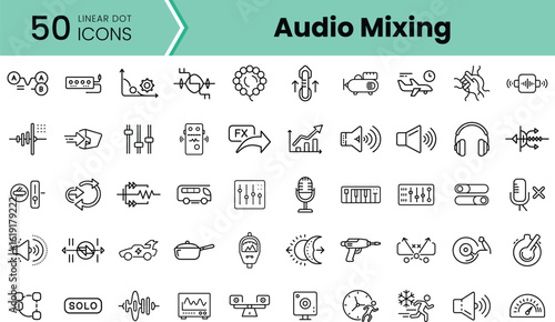 A diverse collection of 50 linear dot icons representing audio mixing tools and concepts, including sound waves, mixers, headphones, and effects. Perfect for music enthusiasts.
