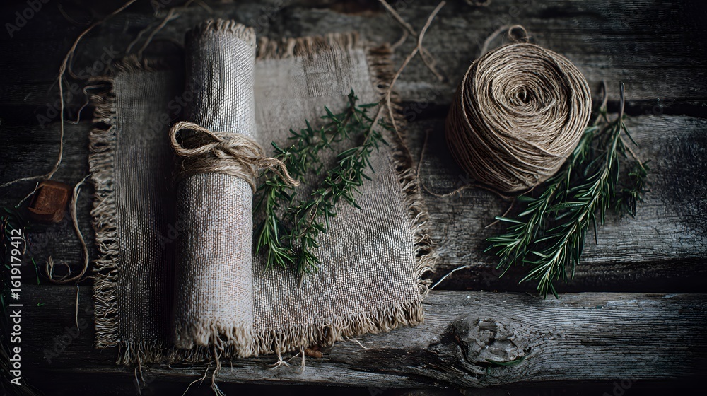 Obraz premium Rolled linen cloth, twine, and rosemary sprigs on a rustic wooden surface.