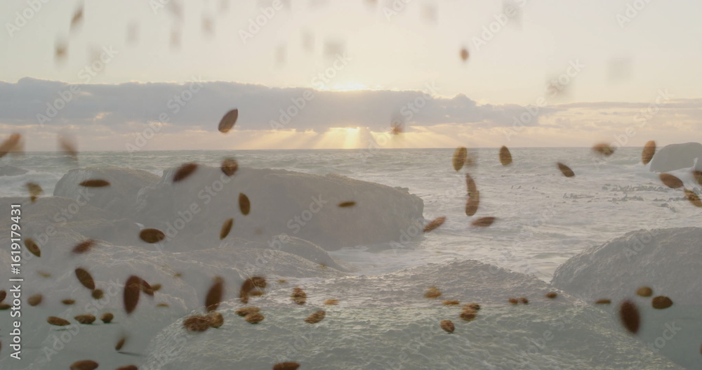 Fototapeta premium Rising jagged rock formation standing out at coast under golden sun rays, with drifting brown seeds