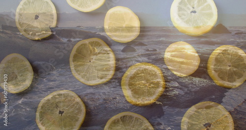 Scattering translucent lemon slices across rocky coastline, revealing foamy ocean waves © vectorfusionart