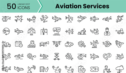A collection of 50 linear dot icons representing various aviation services, including airport operations, aircraft maintenance, and passenger assistance.