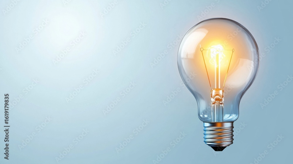 Bright Light Bulb Illuminating a Soft Blue Background for Design Bright Light Bulb Illuminating a Soft Blue Background for Design
