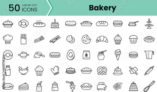 A collection of 50 linear icons representing various bakery items and tools, including pastries, cakes, and baking utensils, ideal for culinary projects.