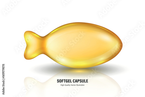 Vector 3d Realistic Softgel Capsule, Isolated. Realistic Fish-Shaped Gel Capsule. Omega-3, Vitamin, Supplement. Softgel Capsule Design for Pharmacy, Medicine, Nutrition, Health Concept