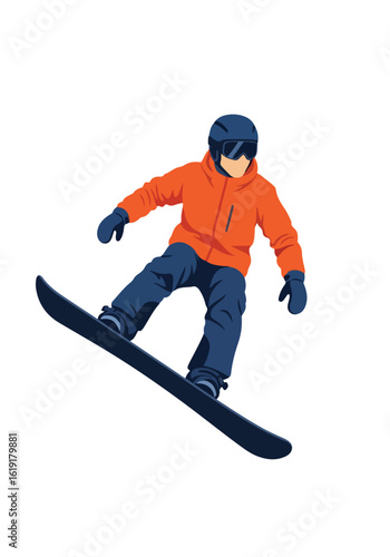 Dynamic Snowboarder in Orange Jacket and Blue Pants, Flat Vector Illustration on White Background