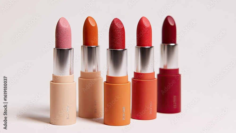 Obraz premium Five lipstick tubes in varying warm tones, from dusty rose to deep burgundy, are arranged on a white background. The tubes are short and cylindrical with matte finishes matching the lipstick shade