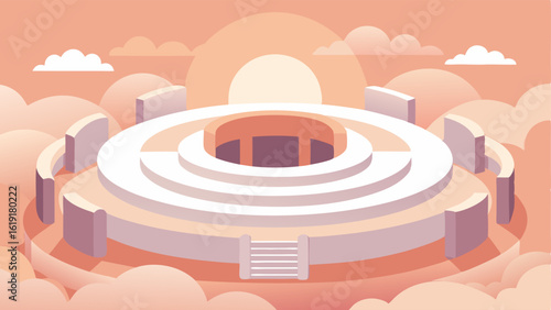 Aerial Amphitheater A circular amphitheater made of light airy materials is nestled atop the clouds designed for performances against the backdrop of the sky. Rows of seats made