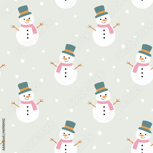 Seamless pattern of cute snowmen, winter holiday background
