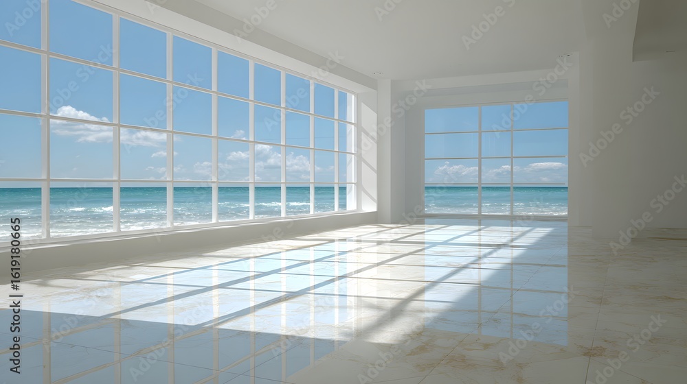 Fototapeta premium Panoramic ocean view from a bright, spacious interior.