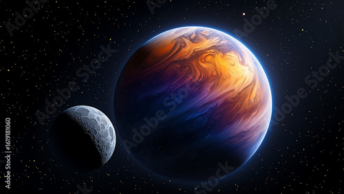 A mesmerizing view of a vibrant planet and its moon in the vast expanse of outer space