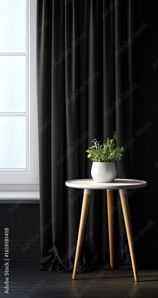 Fototapeta premium A small white side table with tapered wooden legs stands beside a window draped with dark curtains, a small potted plant rests on its surface