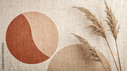 Minimalist botanical art with dried reeds and geometric shapes on textured background, creating a calm aesthetic