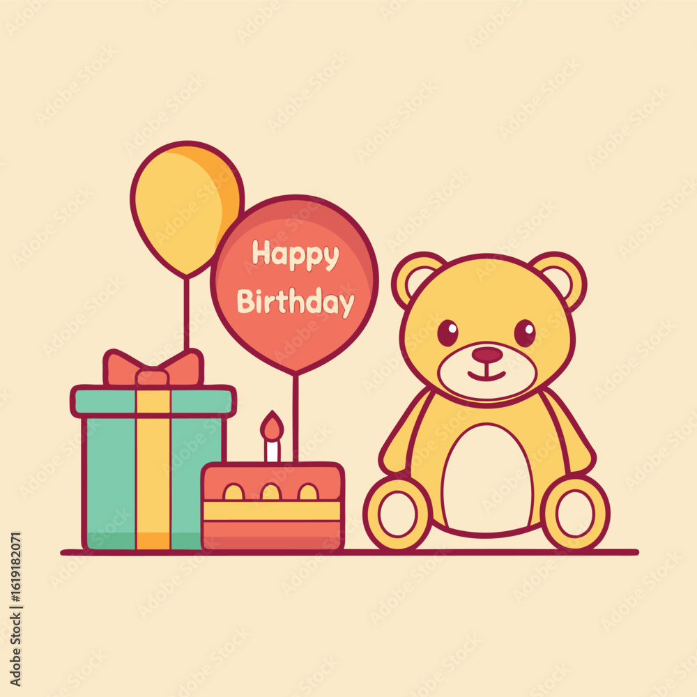 Fototapeta premium Cute Teddy Bear with Balloon, Birthday Card, Cake, and Gift in Flat Vector Style