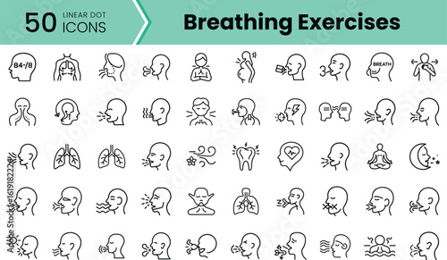 A collection of 50 linear icon illustrations representing various breathing exercises, showcasing different techniques and practices for relaxation and mindfulness.