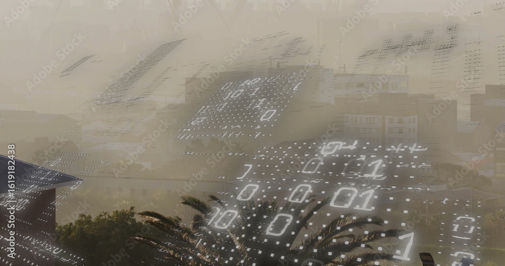 Obraz premium Binary code matrix floating in smoggy cityscape over modern buildings, with palm tree foreground