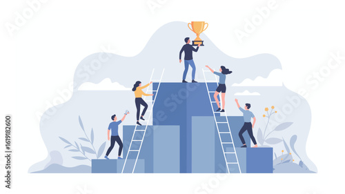 Ambitious team members ascend ladders on a tiered podium, striving for a golden trophy representing ultimate business success.