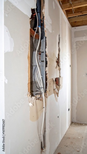 Exposed Electrical Wiring Inside a Wall during Construction in Bright Interior Space