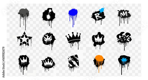 Assortment of graffiti style vector elements featuring spray paint splatters and dripping ink effects including crowns, stars and abstract shapes.