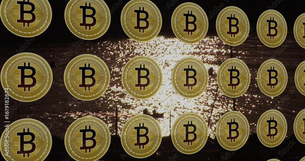 Obraz premium Shimmering golden Bitcoin coin icons floating over rippling water at sunset, cryptocurrency theme