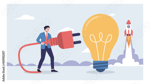 Businessman connecting a giant power plug to a light bulb, symbolizing energy for innovation and a startup rocket launch