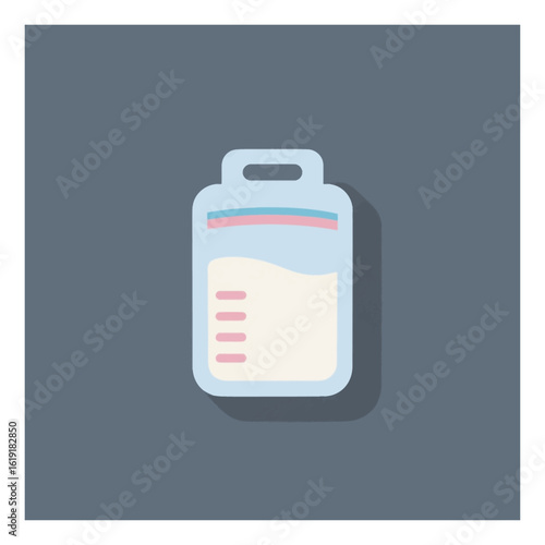 Clean flat design vector illustration of a light blue breast milk storage bag with measurement lines for baby feeding and nutrition.