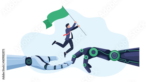 Businessman with a green flag runs over robotic hands, illustrating human and artificial intelligence collaboration for future success.