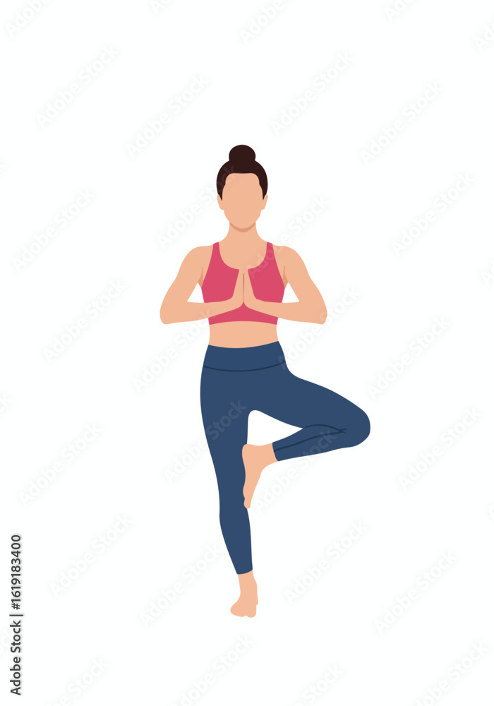 Fototapeta premium Woman in Tree Pose (Vrksasana) yoga. Illustrated female figure practicing balance and mindfulness for wellness and fitness.