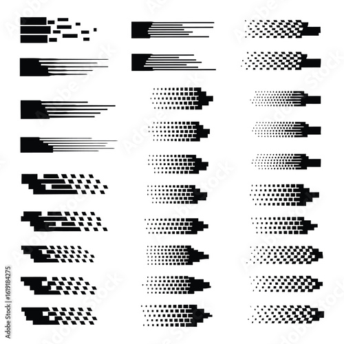 Vector art of abstract black and white graphic elements representing speed and motion with lines and dots