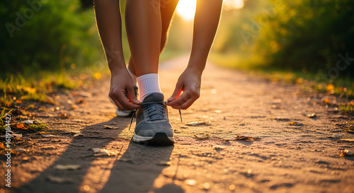 Woman preparing for a morning run in the forest. Low angle view of an athlete tying laces on sneakers on a dirt path with golden sunlight.