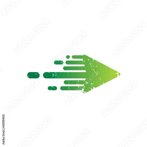 Textured vibrant green arrow graphic moving swiftly with abstract speed lines, symbolizing fast forward momentum and direction.