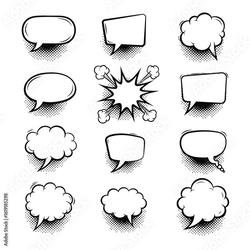 Vector art of a collection of comic book style speech and thought bubbles with various shapes and effects