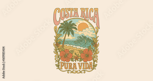 Vintage Costa Rica vector artwork featuring tropical beach, palm tree, hibiscus flowers, ocean waves, and sunset. Ideal for travel posters, t-shirt, surf culture, apparel and vacation graphics.


