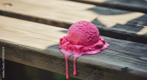 Delicious Strawberry Ice Cream Dripping on Vintage Wooden Bench