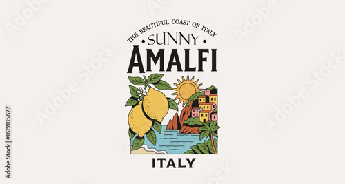 Sunny Amalfi Coast vector t-shirt design featuring lemons, seaside village, sun and tropical scenery. Perfect for travel, summer, or Italy-themed merchandise.

