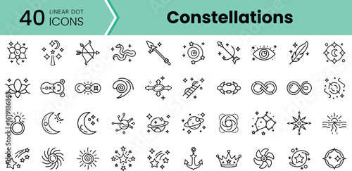 A collection of 40 linear dot icons representing various constellations and celestial themes, ideal for illustrations and design projects.