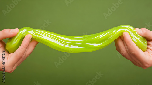 Lime green slime in hands against green background