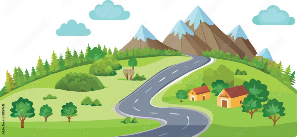 Obraz premium landscape with trees rural cartoon house scene scenery