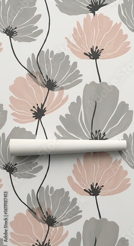 Elegant floral wallpaper featuring delicate pink and gray blossoms for interior design