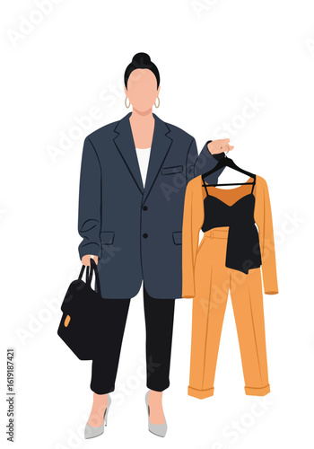 Modern woman with a professional blazer outfit and a vibrant orange fashion ensemble on a hanger.