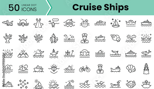 A collection of 50 linear icons representing cruise ships, nautical themes, and marine life. Perfect for travel or maritime-themed designs.
